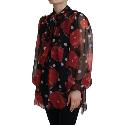 Dolce & Gabbana Black Red Sicily Bag Silk Shirt Top Blouse Dolce & Gabbana