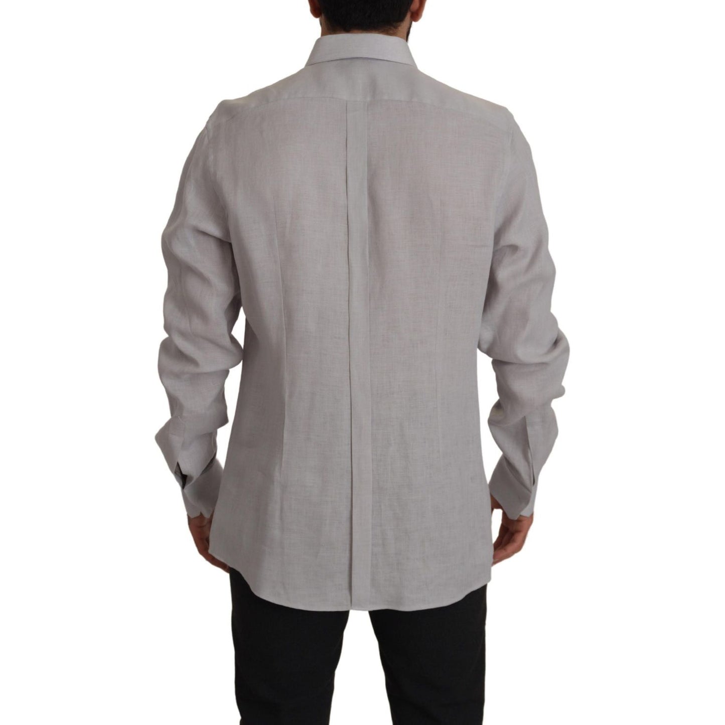 Dolce & Gabbana Gray Linen Long Sleeves Formal GOLD Shirt Dolce & Gabbana