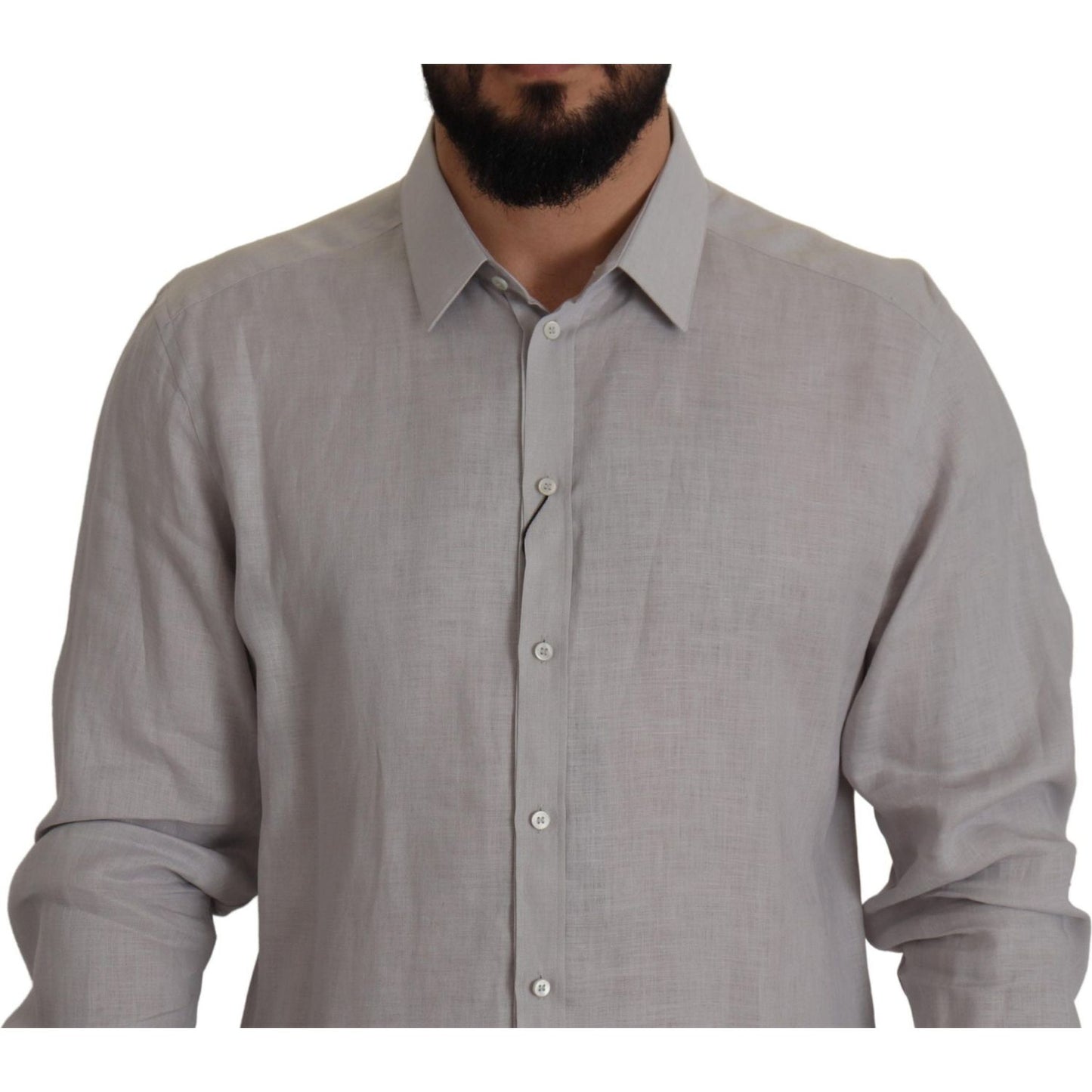 Dolce & Gabbana Gray Linen Long Sleeves Formal GOLD Shirt Dolce & Gabbana