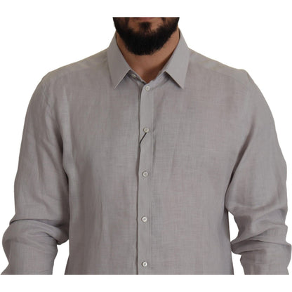 Dolce & Gabbana Gray Linen Long Sleeves Formal GOLD Shirt Dolce & Gabbana