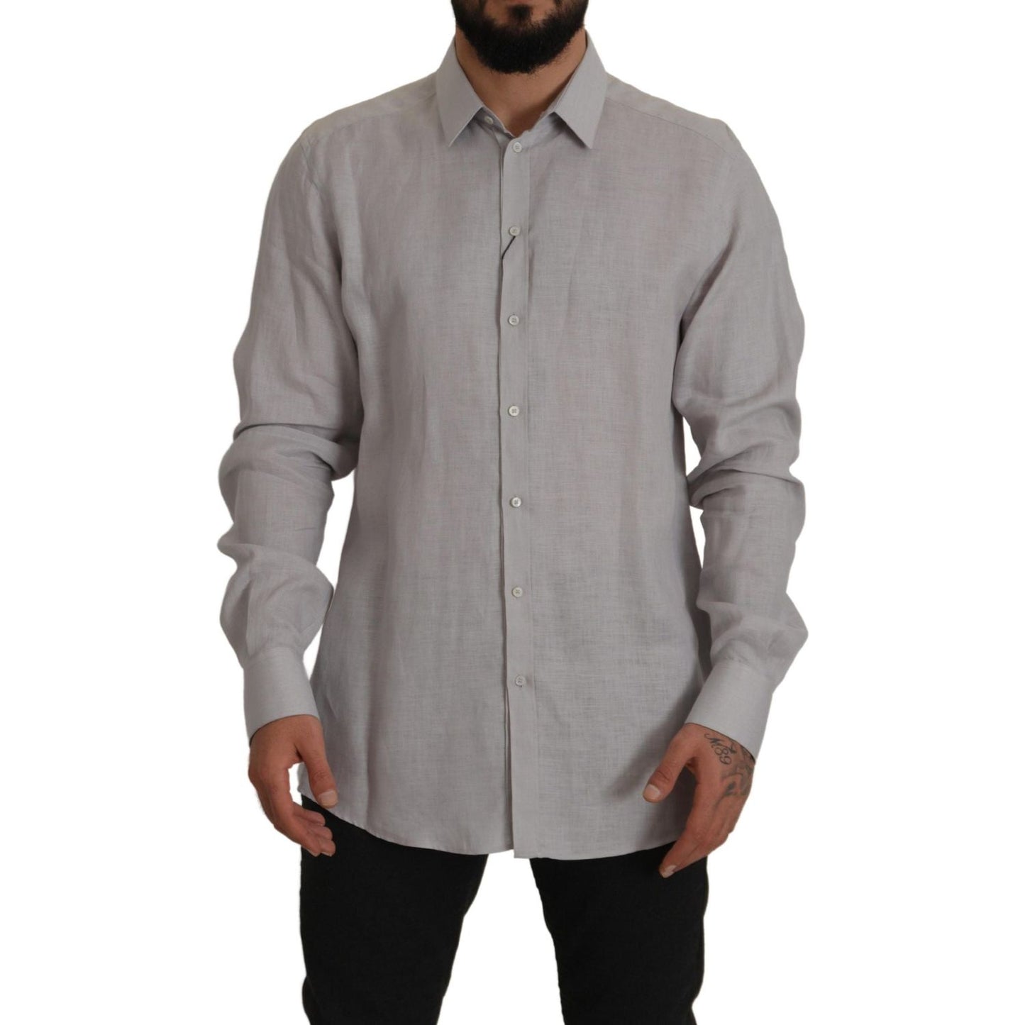 Dolce & Gabbana Gray Linen Long Sleeves Formal GOLD Shirt Dolce & Gabbana
