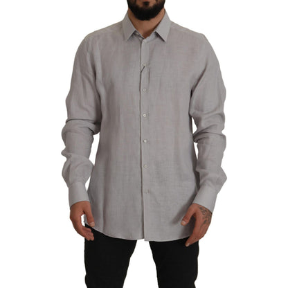 Dolce & Gabbana Gray Linen Long Sleeves Formal GOLD Shirt Dolce & Gabbana