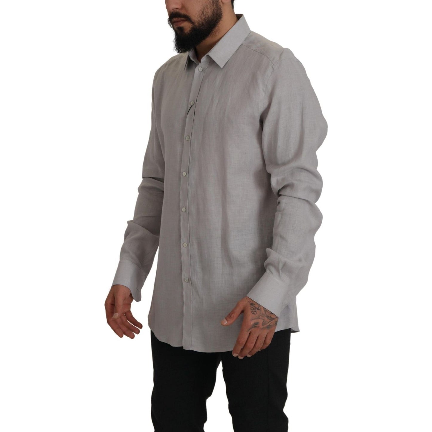 Dolce & Gabbana Gray Linen Long Sleeves Formal GOLD Shirt Dolce & Gabbana