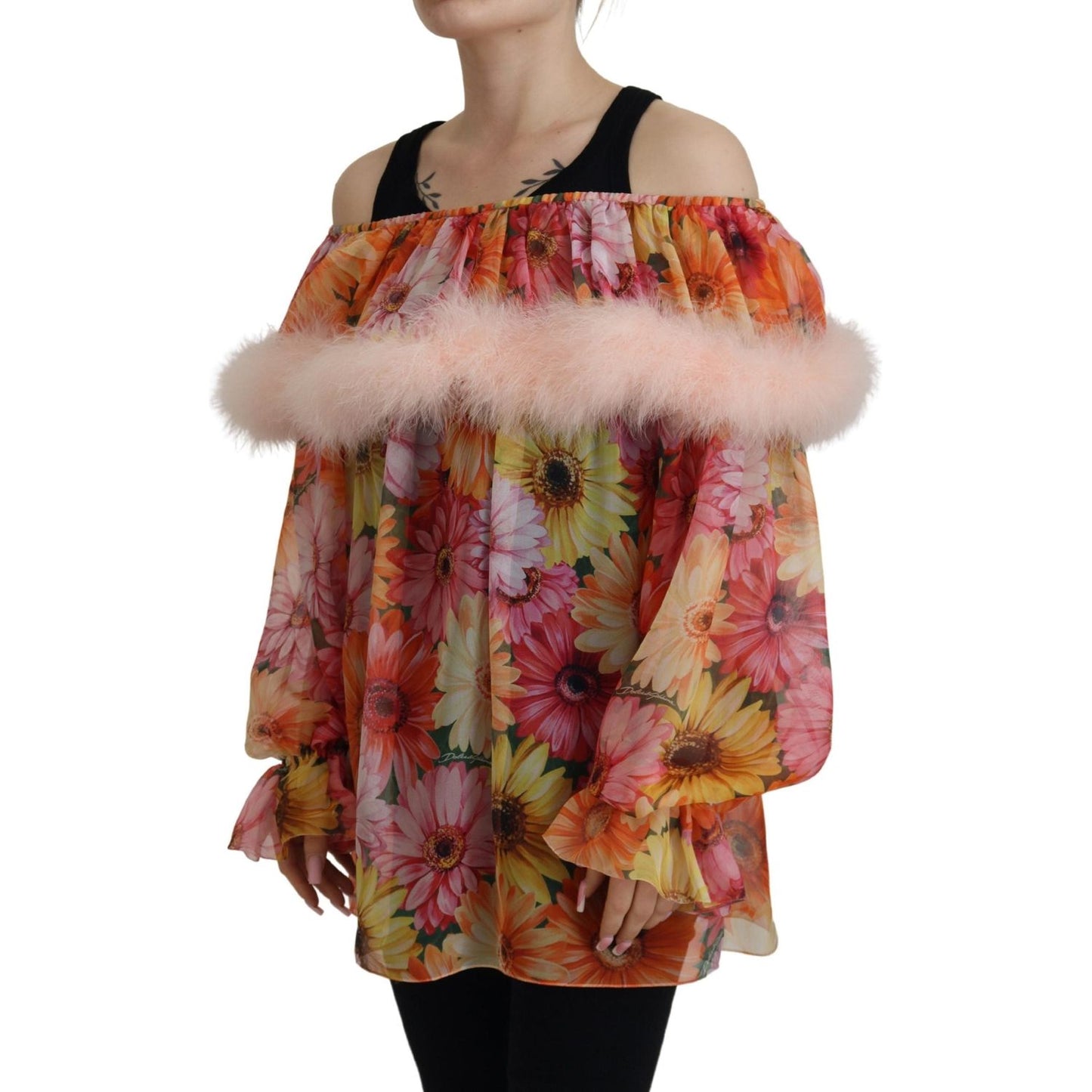 Dolce & Gabbana Multicolor Floral Fur Shearling Blouse Top Dolce & Gabbana