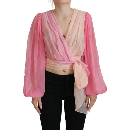 Dolce & Gabbana Pink Silk Wrap Long Sleeves Blouse Top Dolce & Gabbana