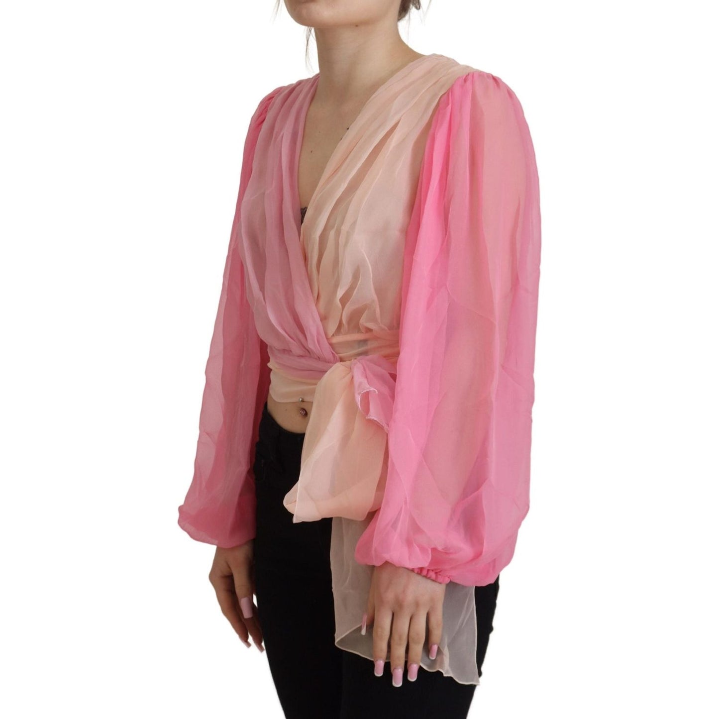Dolce & Gabbana Pink Silk Wrap Long Sleeves Blouse Top Dolce & Gabbana
