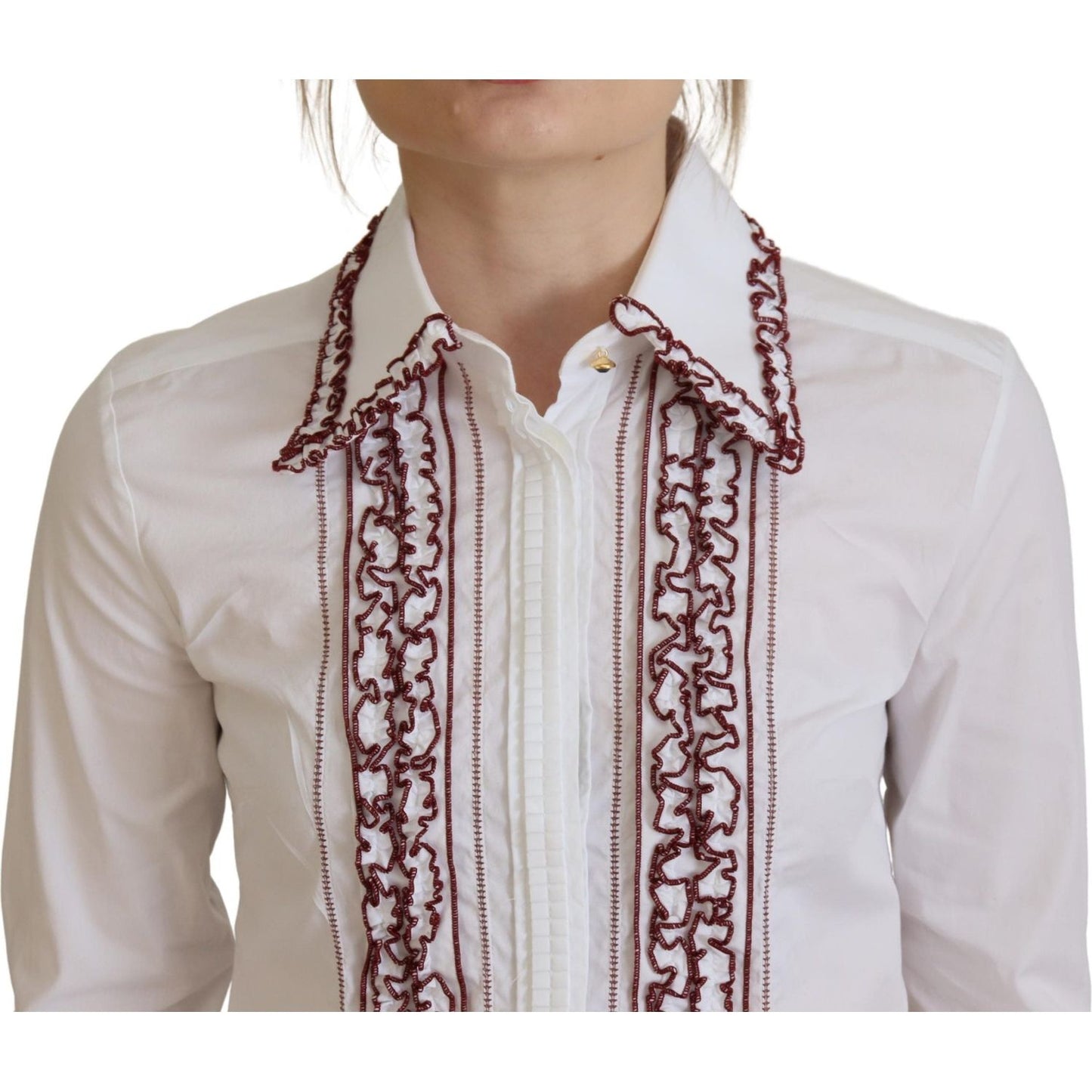 Dolce & Gabbana White Lace Long Sleeves Ruffle Collar Top Dolce & Gabbana