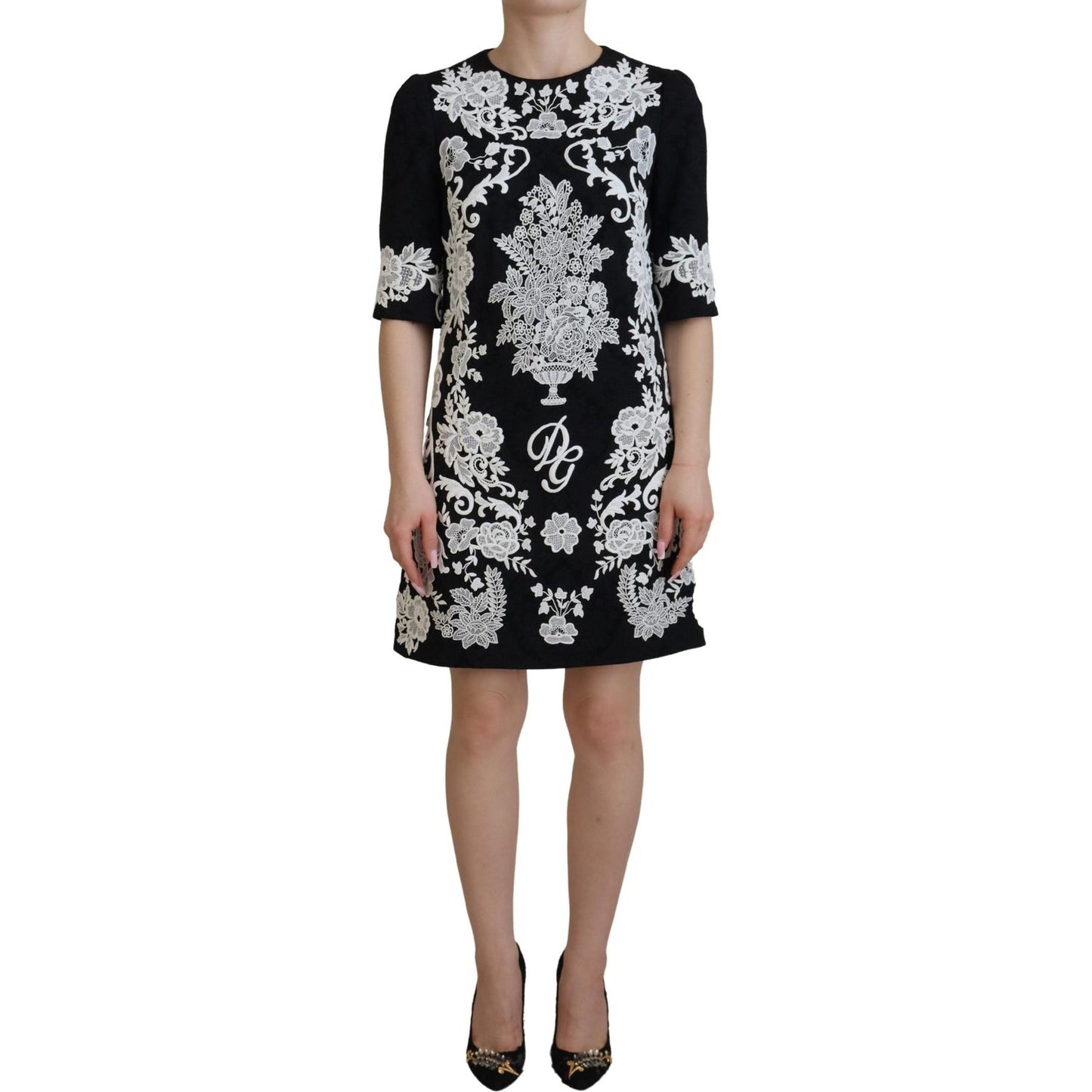 Dolce & Gabbana Black Lace Trim Half Sleeves A-line Dress Dolce & Gabbana