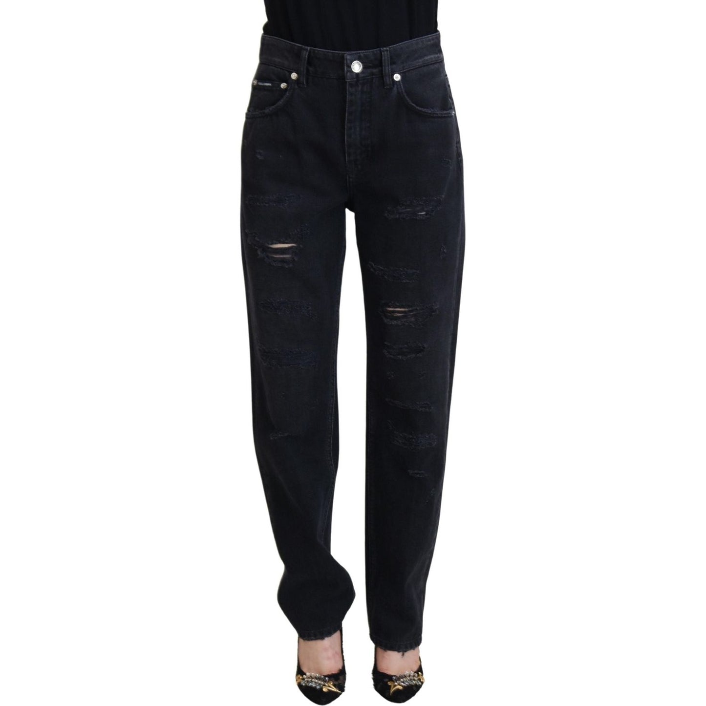 Dolce & Gabbana Black Cotton Tattered High Waist Denim Jeans Dolce & Gabbana