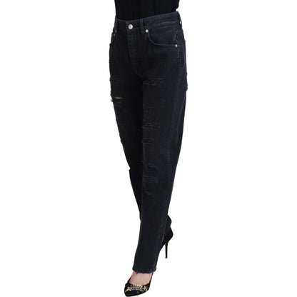 Dolce & Gabbana Black Cotton Tattered High Waist Denim Jeans Dolce & Gabbana