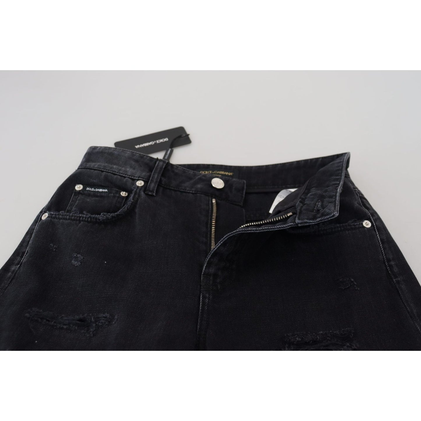 Dolce & Gabbana Black Cotton Tattered High Waist Denim Jeans Dolce & Gabbana