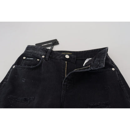 Dolce & Gabbana Black Cotton Tattered High Waist Denim Jeans Dolce & Gabbana