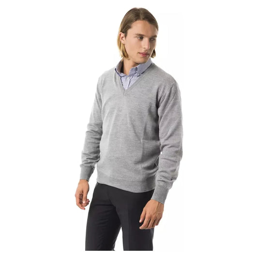 Uominitaliani Embroidered Wool V-Neck Sweater - Elegant Gray Uominitaliani