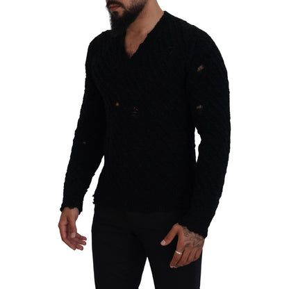 Dolce & Gabbana Black Wool V-neck Knitted Pullover Sweater Dolce & Gabbana