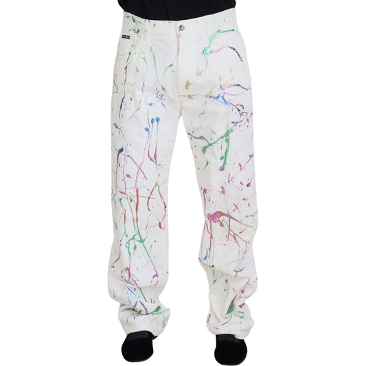 Dolce & Gabbana White Cotton Color Splash Print Denim Pants Dolce & Gabbana