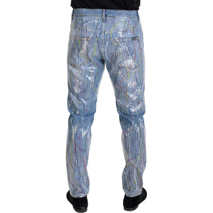 Dolce & Gabbana Blue Cotton Color Splash Print Denim Jeans Dolce & Gabbana