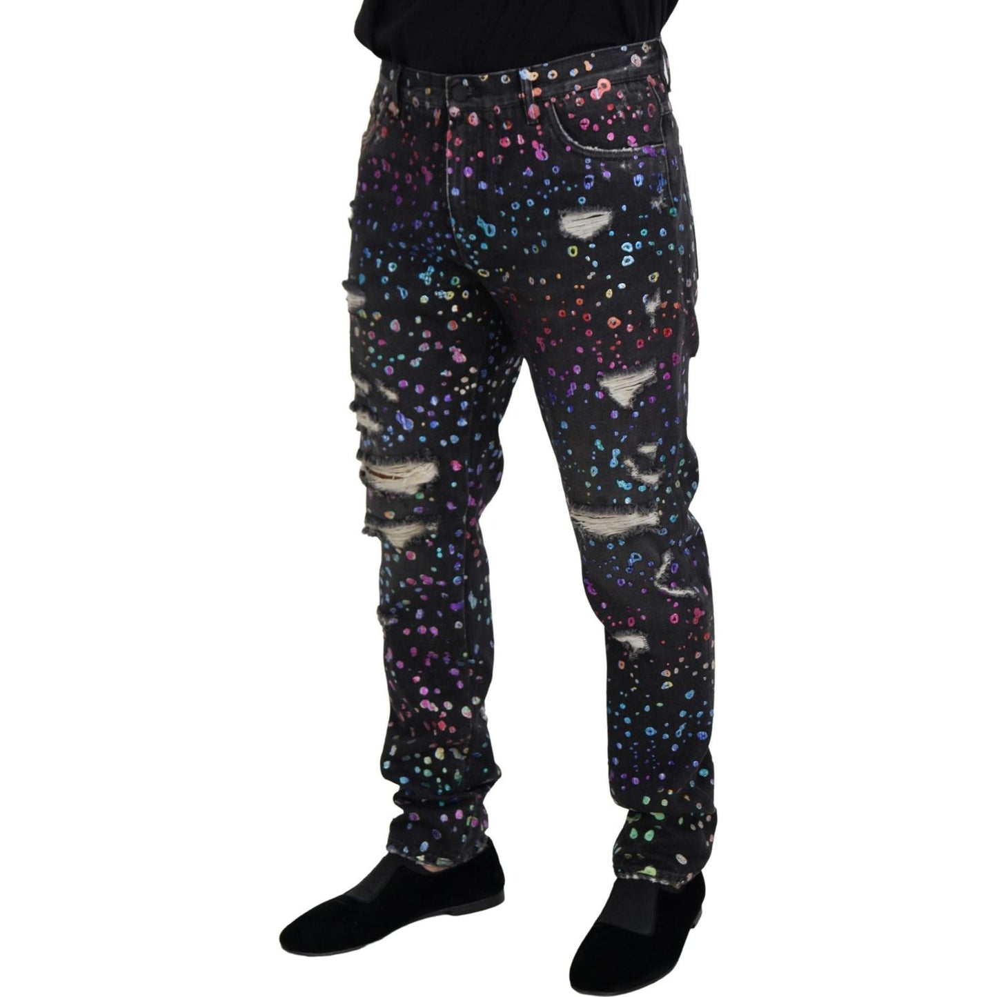 Dolce & Gabbana Black Multicolor Print Tattered Denim Jeans Dolce & Gabbana