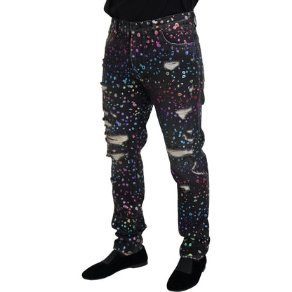 Dolce & Gabbana Black Multicolor Print Tattered Denim Jeans Dolce & Gabbana