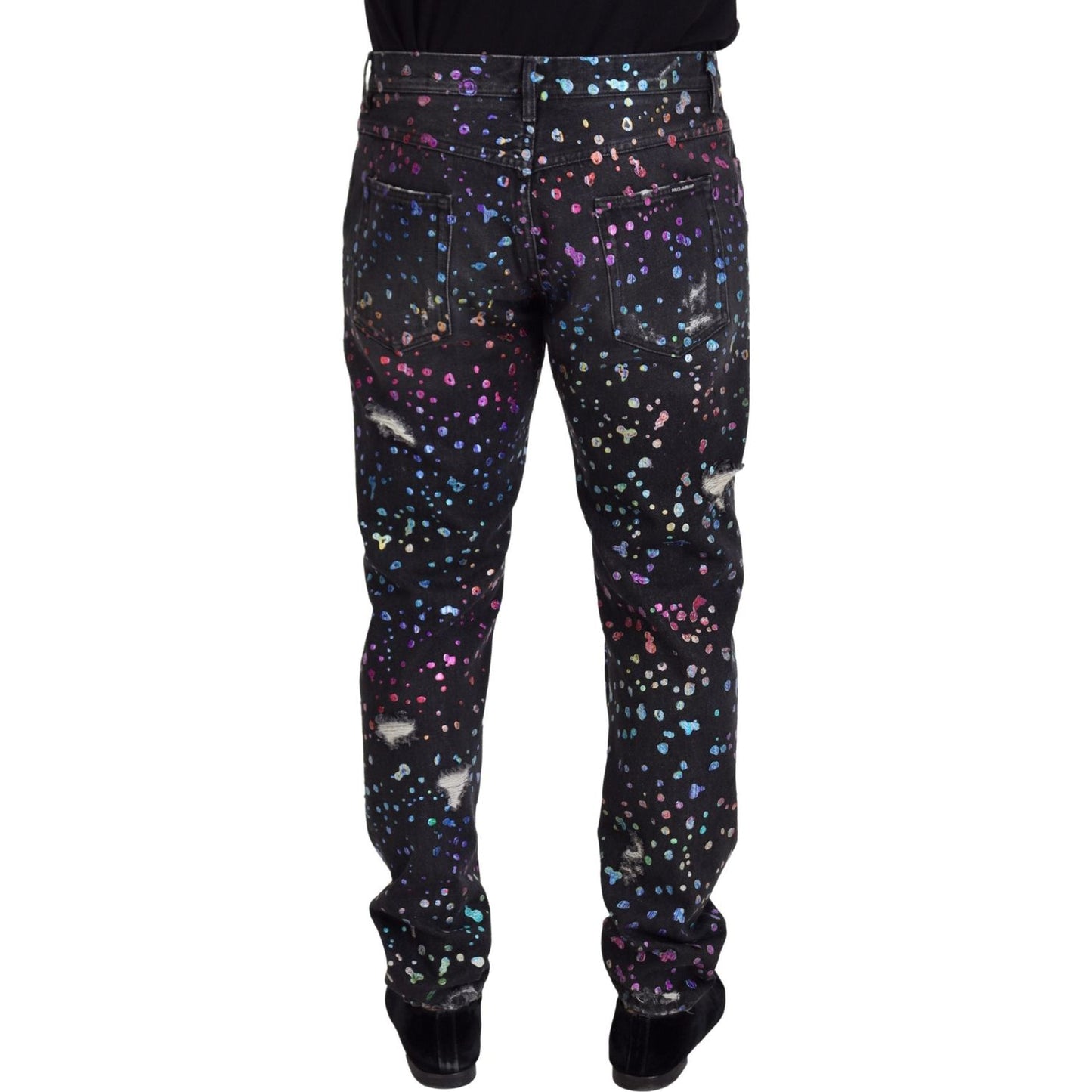 Dolce & Gabbana Black Multicolor Print Tattered Denim Jeans Dolce & Gabbana