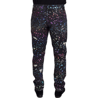 Dolce & Gabbana Black Multicolor Print Tattered Denim Jeans Dolce & Gabbana