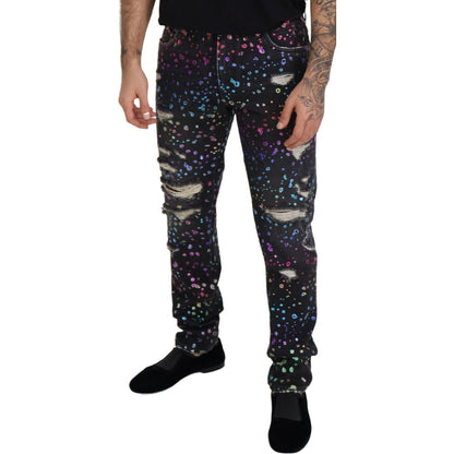 Dolce & Gabbana Black Multicolor Print Tattered Denim Jeans Dolce & Gabbana