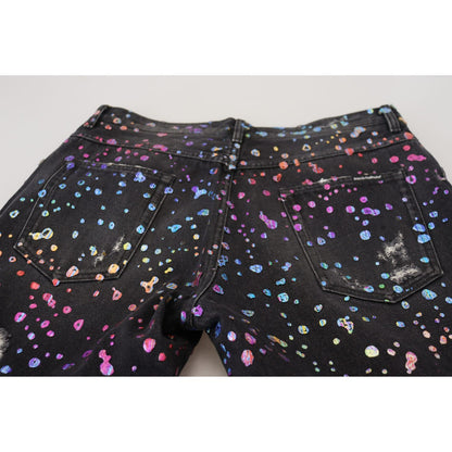 Dolce & Gabbana Black Multicolor Print Tattered Denim Jeans Dolce & Gabbana