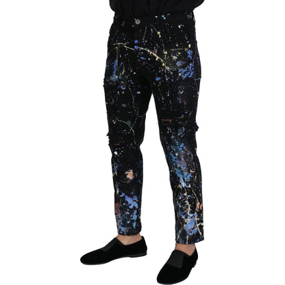 Dolce & Gabbana Black Cotton Color Splash Print Denim Jeans Dolce & Gabbana