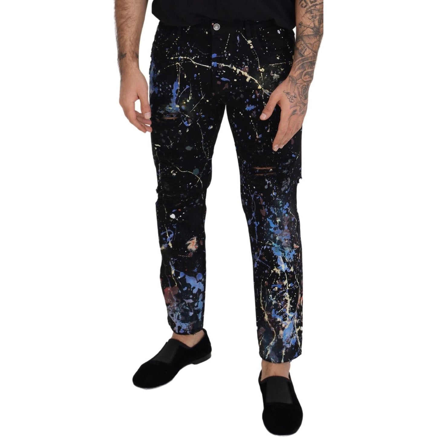 Dolce & Gabbana Black Cotton Color Splash Print Denim Jeans Dolce & Gabbana