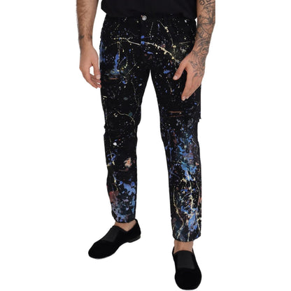 Dolce & Gabbana Black Cotton Color Splash Print Denim Jeans Dolce & Gabbana