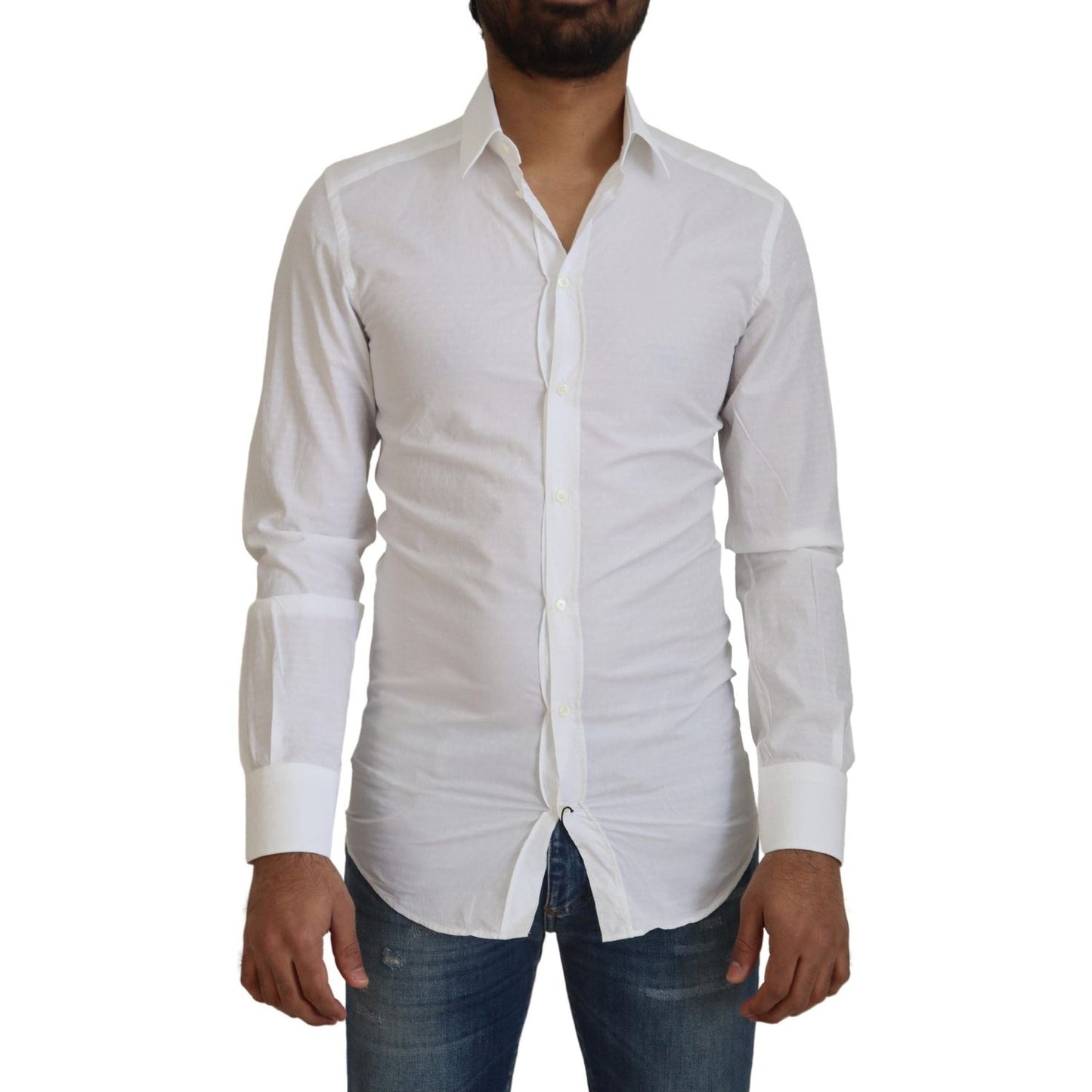 Dolce & Gabbana White Cotton Slim Fit Formal Dress GOLD Shirt Dolce & Gabbana
