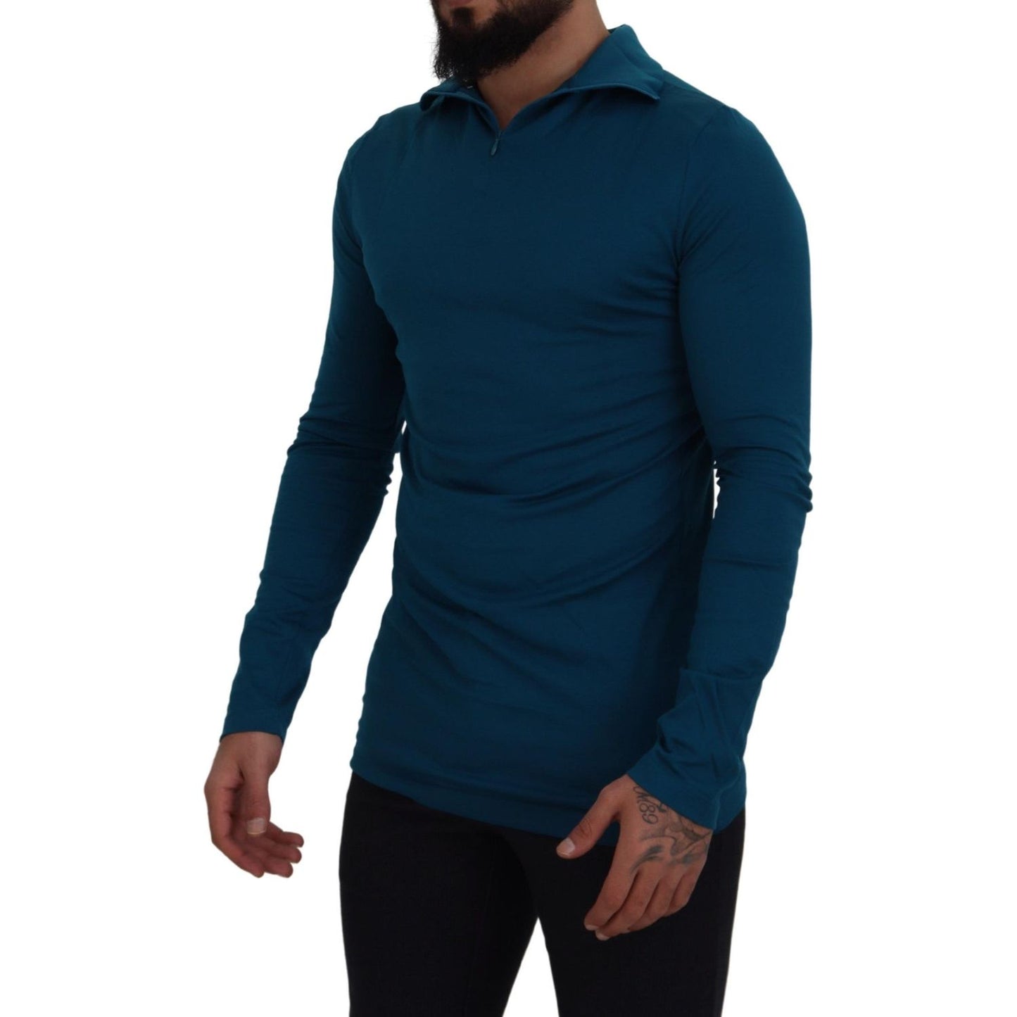 Dolce & Gabbana Blue Cotton Collared Slim Pullover Sweater Dolce & Gabbana