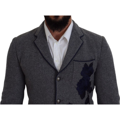 Dolce & Gabbana Gray Wool Roses Slim Fit Jacket Blazer Dolce & Gabbana