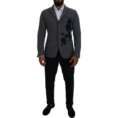 Dolce & Gabbana Gray Wool Roses Slim Fit Jacket Blazer Dolce & Gabbana