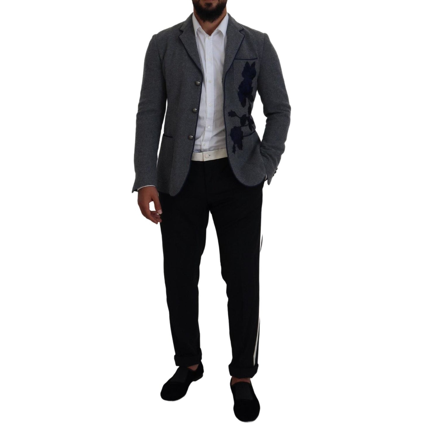 Dolce & Gabbana Gray Wool Roses Slim Fit Jacket Blazer Dolce & Gabbana