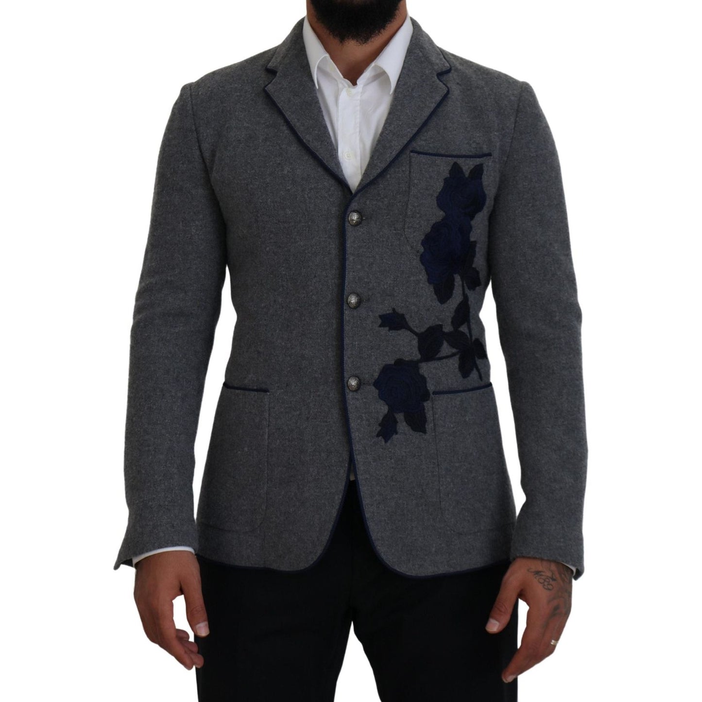 Dolce & Gabbana Gray Wool Roses Slim Fit Jacket Blazer Dolce & Gabbana