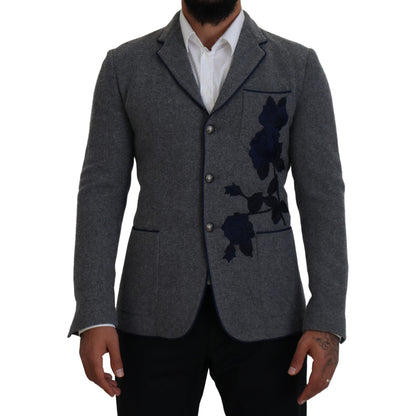 Dolce & Gabbana Gray Wool Roses Slim Fit Jacket Blazer Dolce & Gabbana