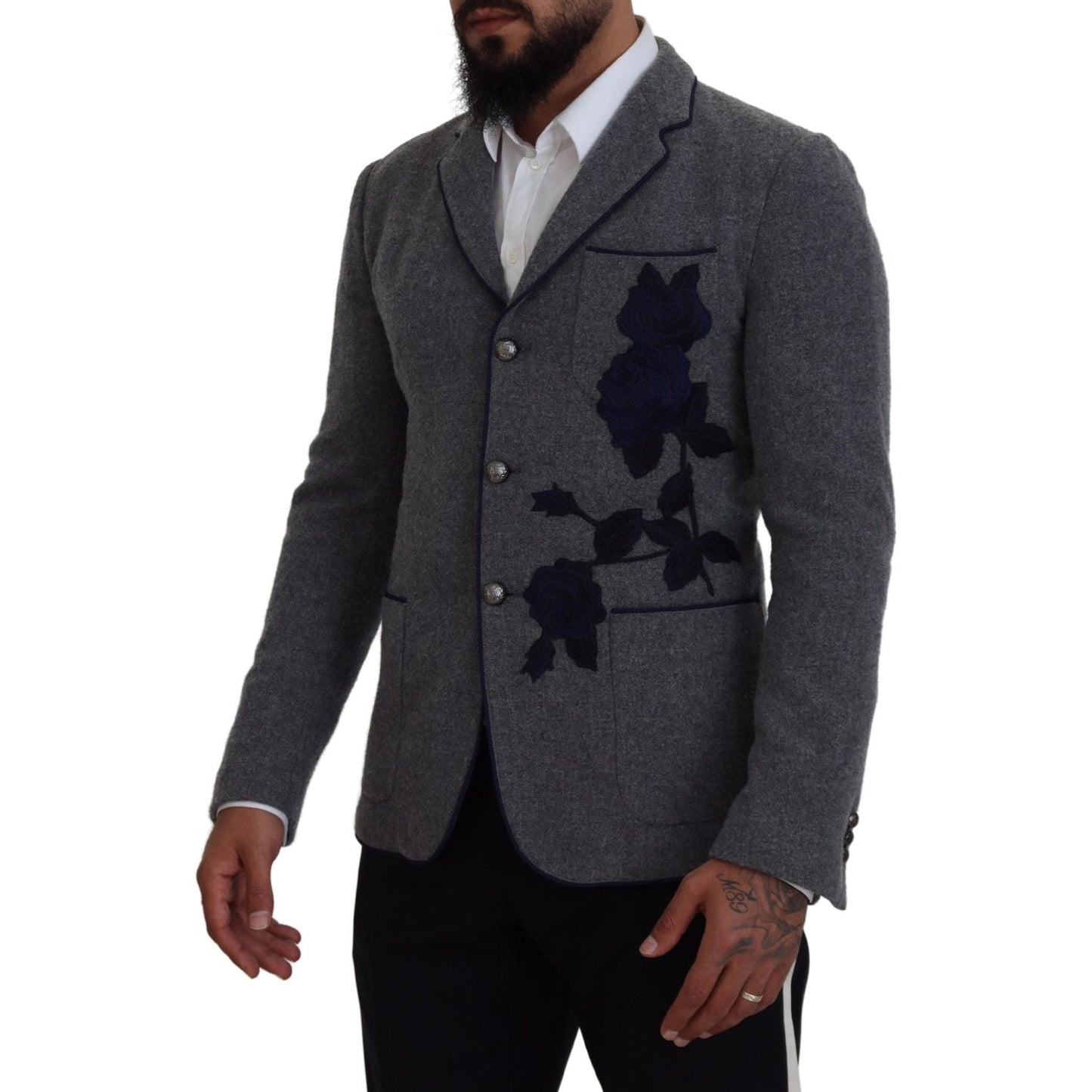 Dolce & Gabbana Gray Wool Roses Slim Fit Jacket Blazer Dolce & Gabbana
