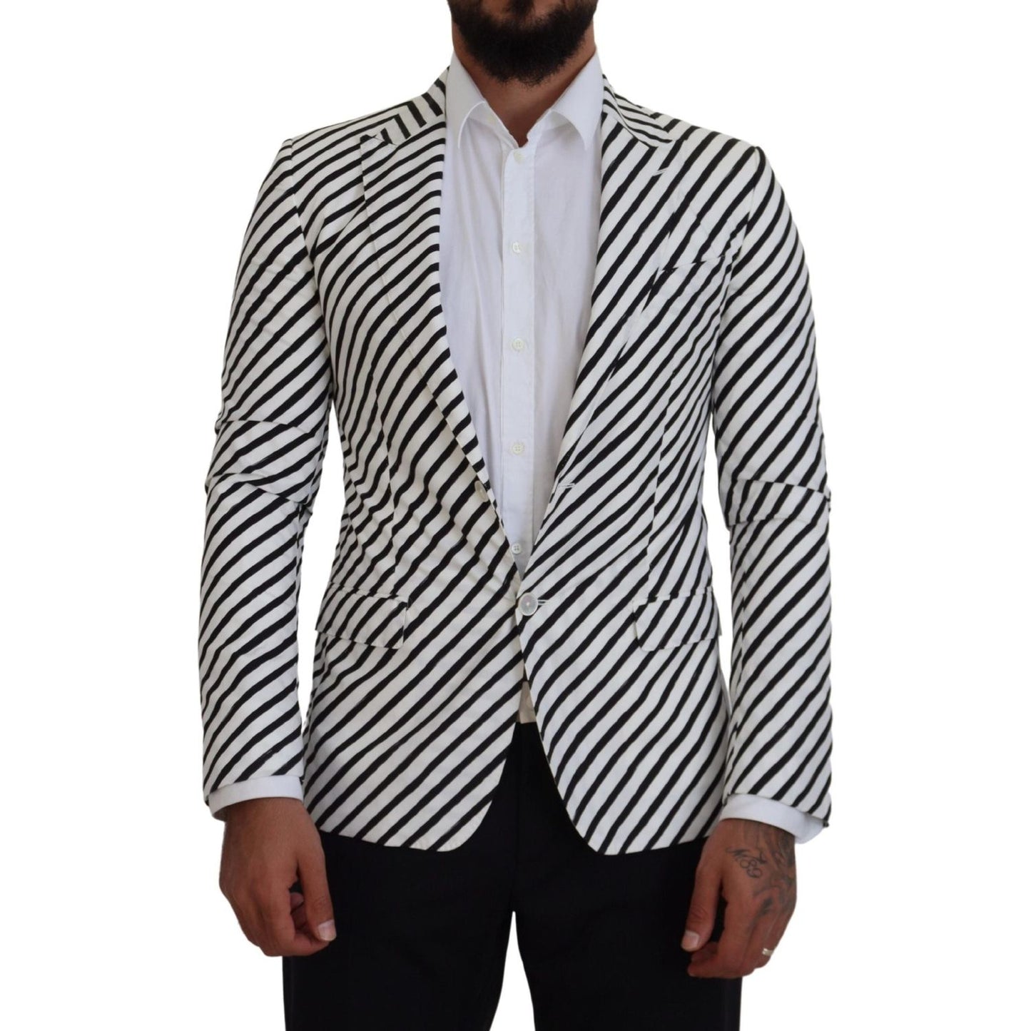Dolce & Gabbana White Black Striped Slim Fit Jacket Blazer Dolce & Gabbana