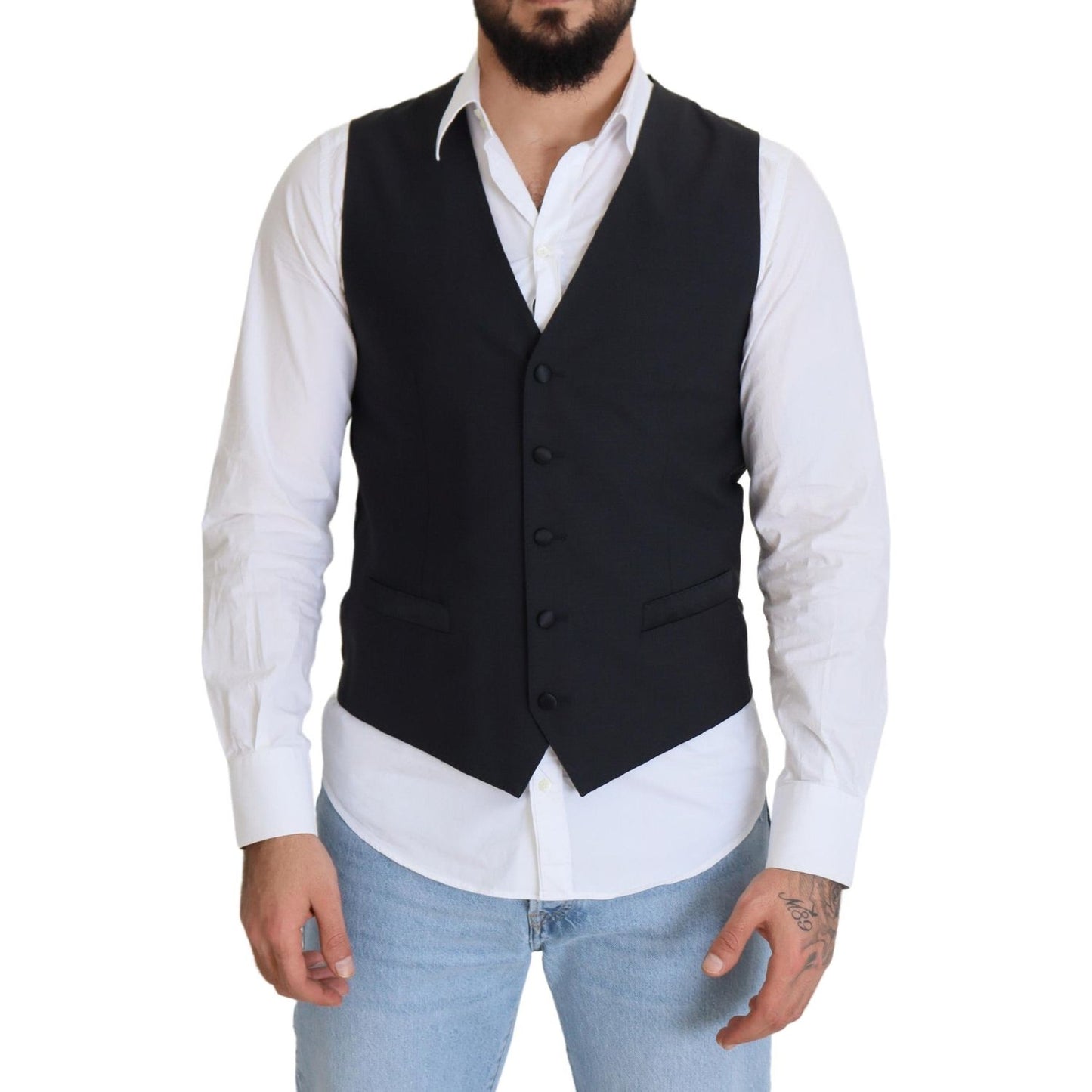 Dolce & Gabbana Black Wool Stretch Waistcoat Formal Vest Dolce & Gabbana