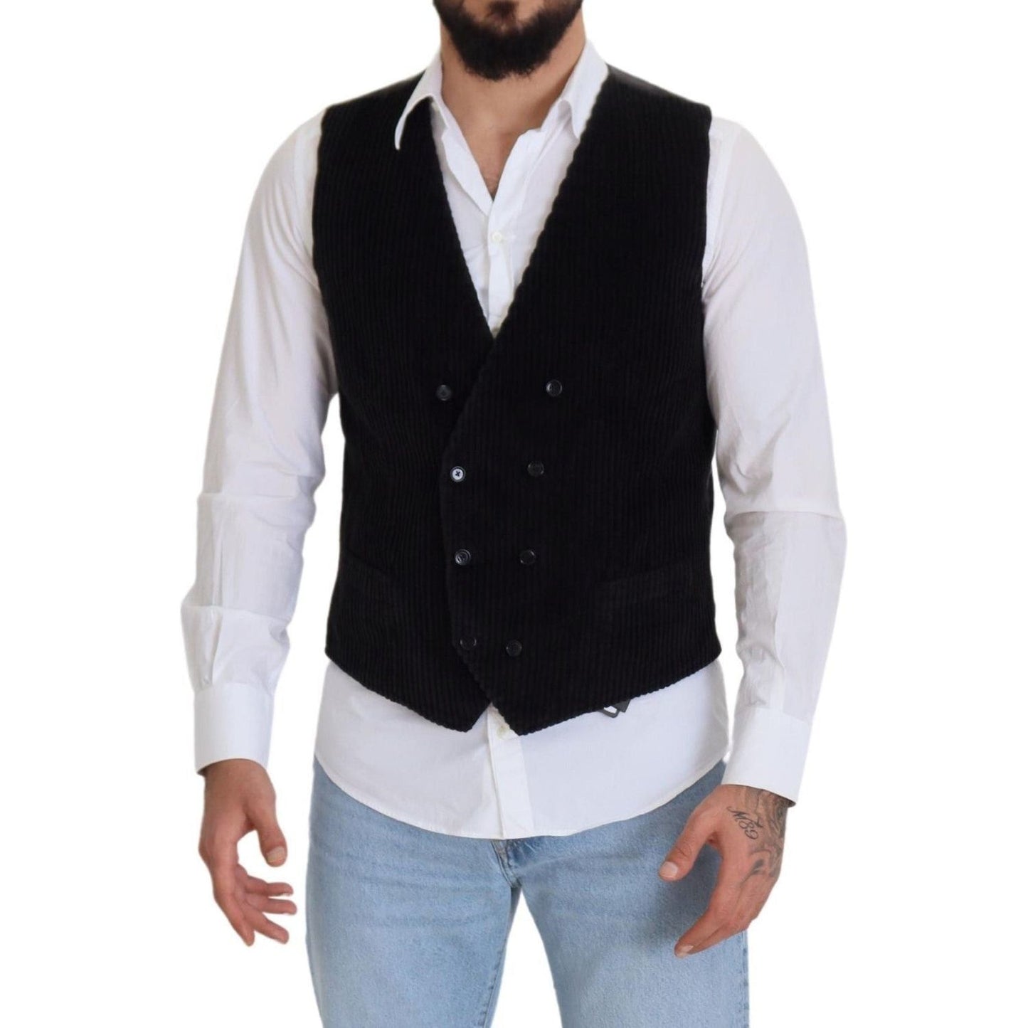 Dolce & Gabbana Black Cotton Double Breasted Waistcoat Vest Dolce & Gabbana