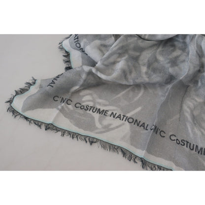 Costume National Gray Print Shawl Foulard Fringes Scarf Costume National
