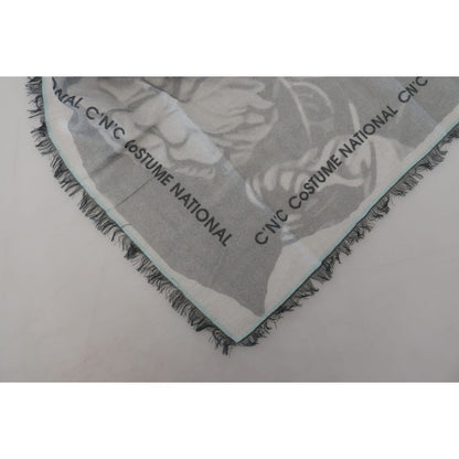 Costume National Gray Print Shawl Foulard Fringes Scarf Costume National