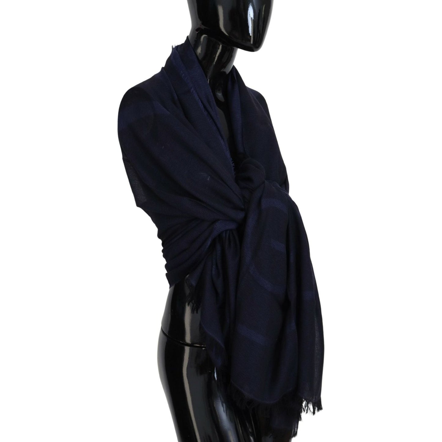 GF Ferre Dark Blue Wool Neck Wrap Shawl Fringes Scarf GF Ferre