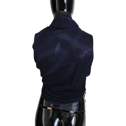 GF Ferre Dark Blue Wool Neck Wrap Shawl Fringes Scarf GF Ferre