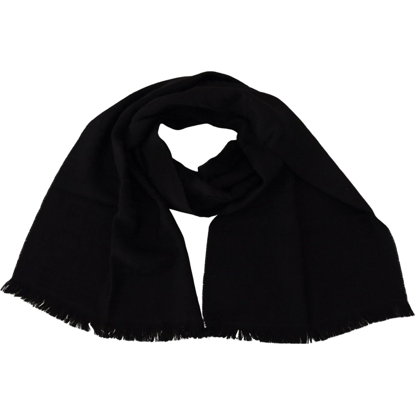 GF Ferre Black Wool Neck Wrap Shawl Fringes Scarf GF Ferre