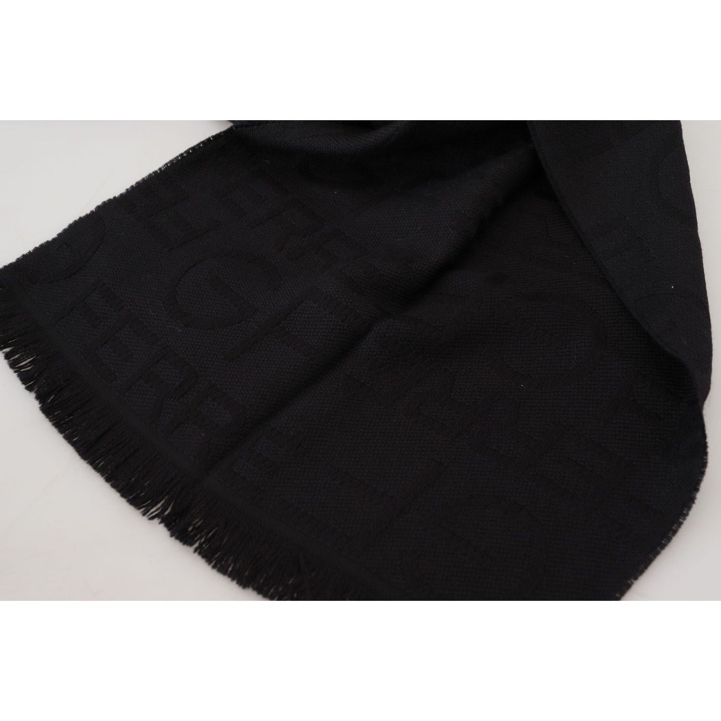 GF Ferre Black Wool Neck Wrap Shawl Fringes Scarf GF Ferre