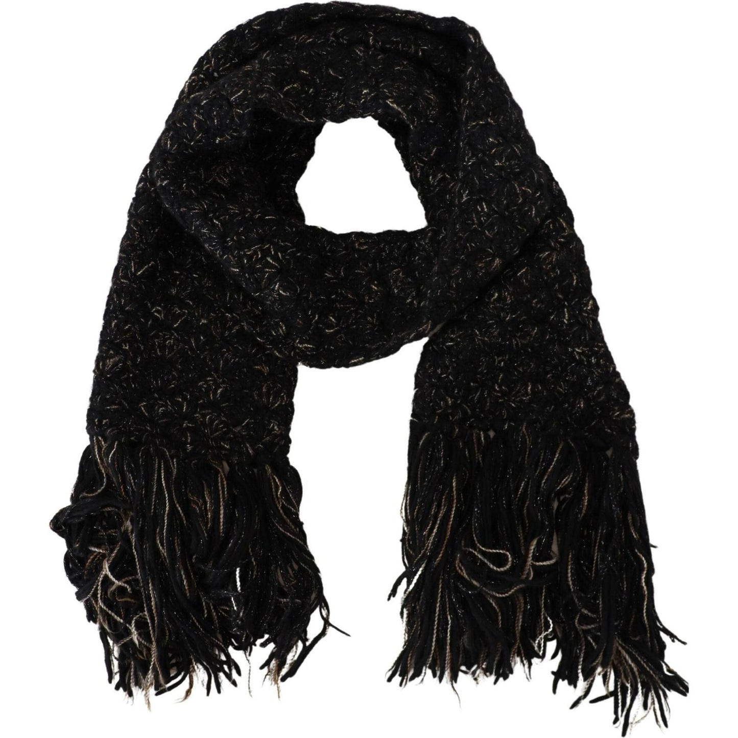 Dolce & Gabbana Black Wool Knitted Wrap Foulard Fringe Scarf Dolce & Gabbana