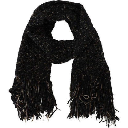 Dolce & Gabbana Black Wool Knitted Wrap Foulard Fringe Scarf Dolce & Gabbana