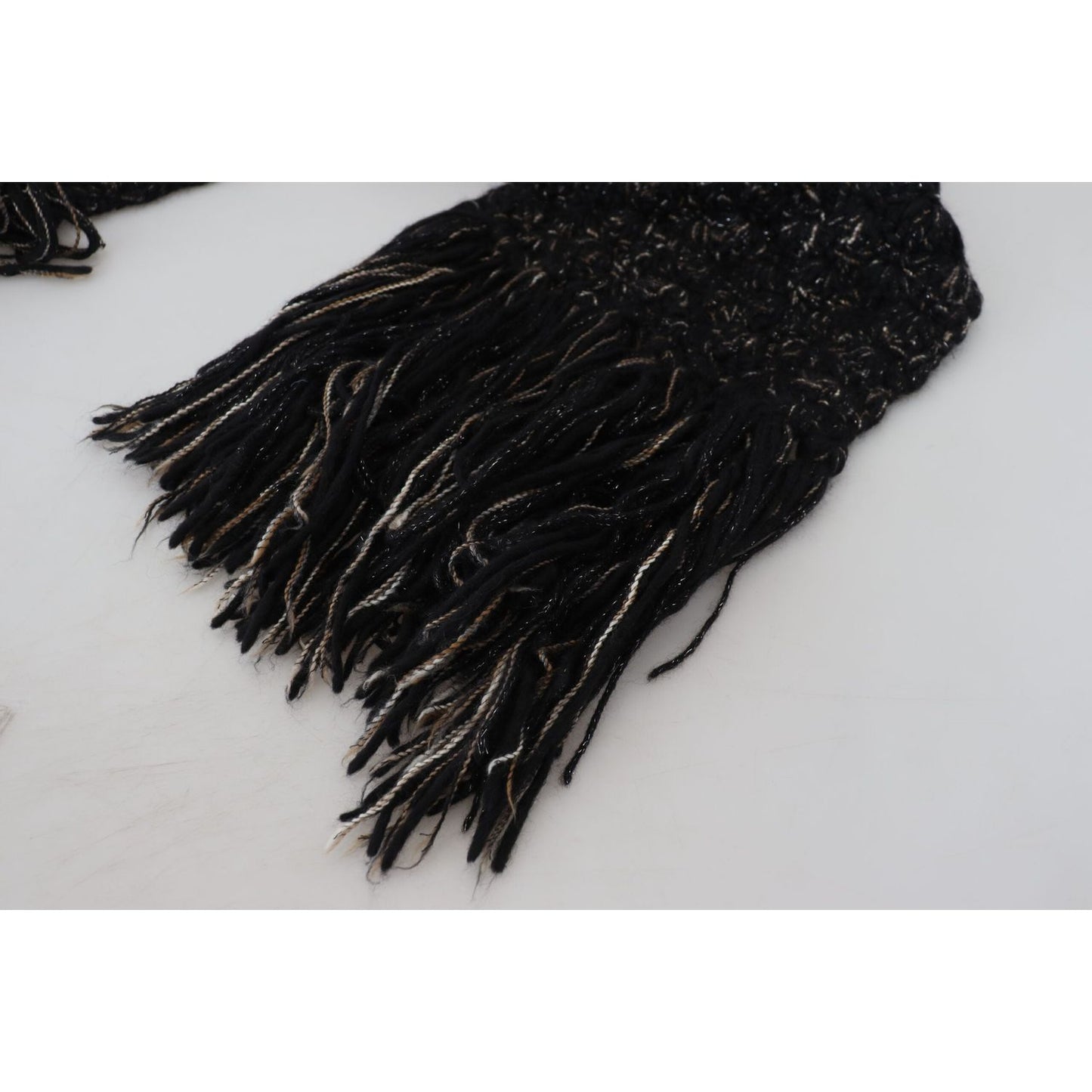 Dolce & Gabbana Black Wool Knitted Wrap Foulard Fringe Scarf Dolce & Gabbana
