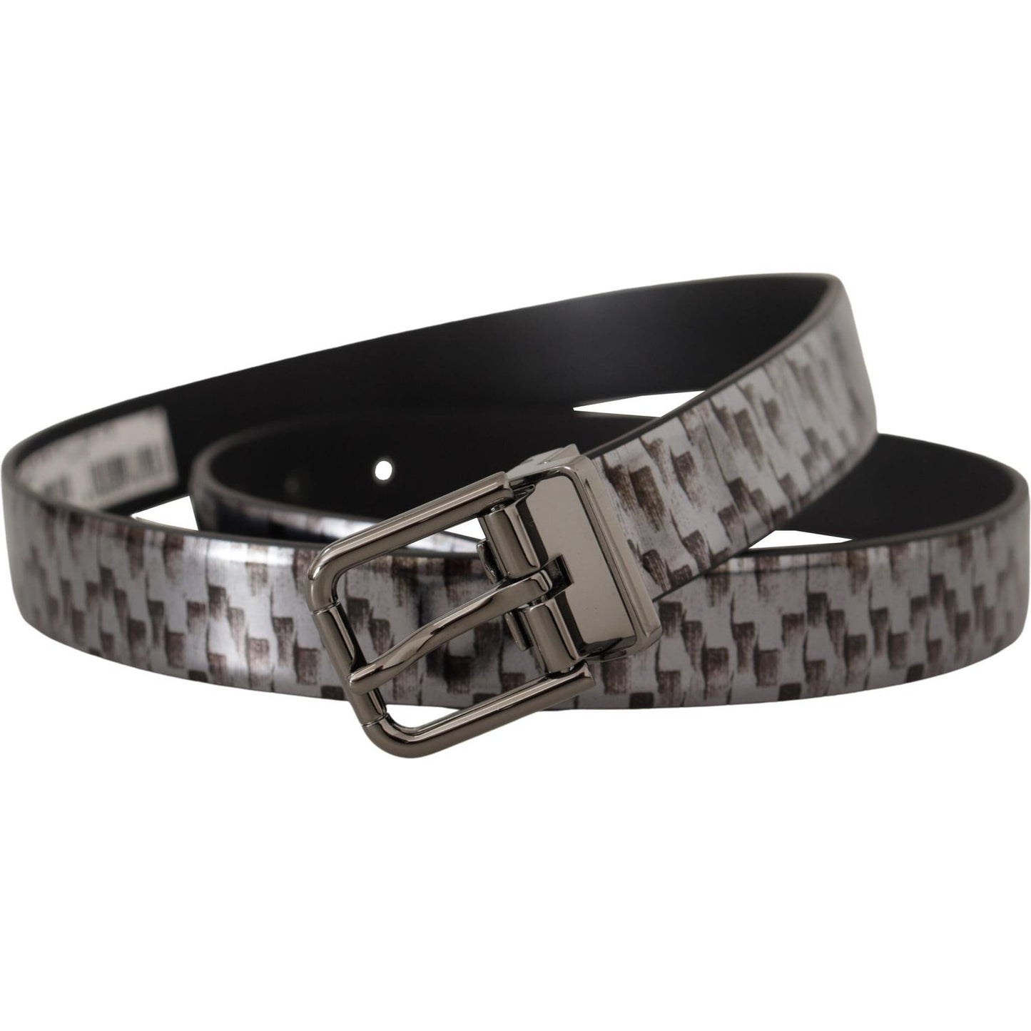 Dolce & Gabbana Gray Herringbone Leather Gray 3D Metal Buckle Belt Dolce & Gabbana